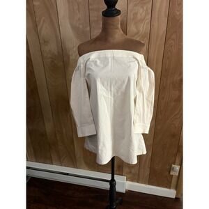 Theory Cream Off-Shoulder Cotton Tunic Sweater